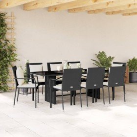 Set de comedor de jardín 9 pzas y cojines ratán sintético negro