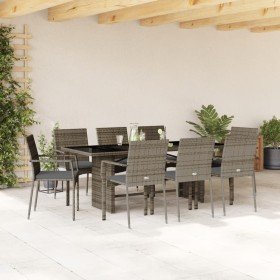 Set comedor jardín 9 pzas y cojines ratán sintético gris
