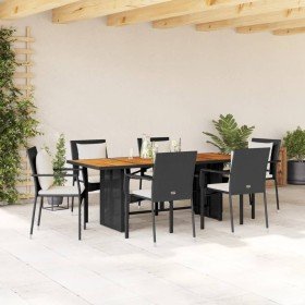 Set de comedor de jardín 7 pzas y cojines ratán sintético negro Set de comedor de jardín 7 pzas y cojines ratán sintético negro