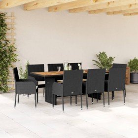 Set de comedor de jardín 9 pzas y cojines ratán sintético negro