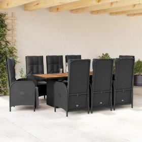 Set de comedor de jardín 9 pzas y cojines ratán sintético negro