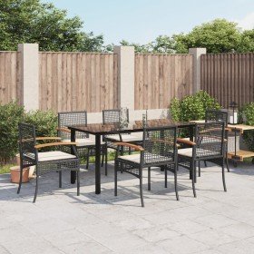 Set de comedor de jardín 7 pzas y cojines ratán sintético negro Set de comedor de jardín 7 pzas y cojines ratán sintético negro