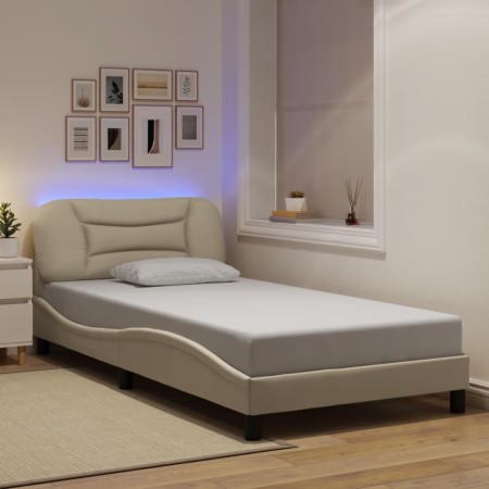 Estructura cama con LED sin colchón tela crema 100x200 cm