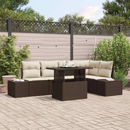 Conjunto de sofá de jardín con cojín 6 pcs Marrón Poliratán