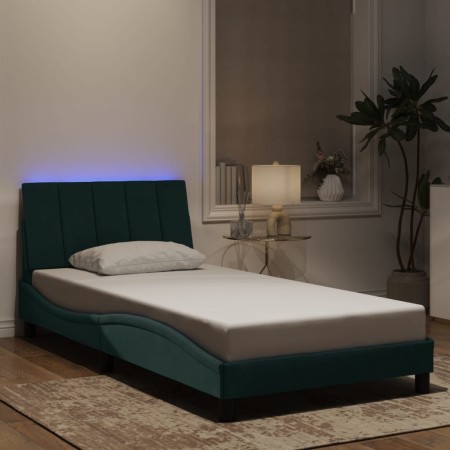Estructura de cama luces LED terciopelo verde oscuro 100x200 cm