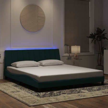 Estructura cama con luces LED terciopelo verde oscuro 180x200cm