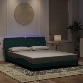 Estructura cama con luces LED terciopelo verde oscuro 160x200cm