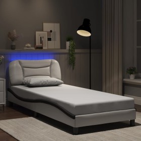 Estructura cama con LED cuero sintético blanco negro 80x200 cm