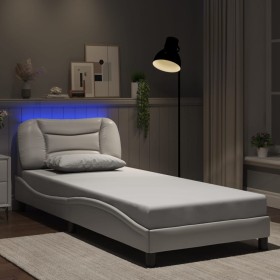 Estructura cama con luces LED cuero sintético blanco 90x190 cm Estructura cama con luces LED cuero sintético blanco 90x190 cm