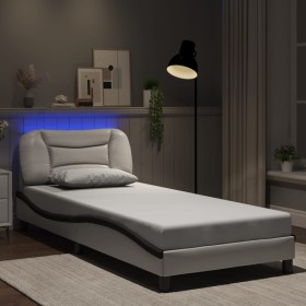 Estructura cama con LED cuero sintético blanco y negro 90x190cm