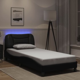 Estructura cama con luces LED cuero sintético negro 90x200 cm