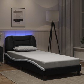 Estructura cama con LED cuero sintético negro blanco 90x200 cm