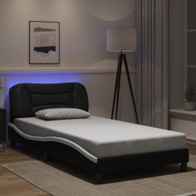Estructura cama con LED cuero sintético negro blanco 100x200 cm Estructura cama con LED cuero sintético negro blanco 100x200 cm