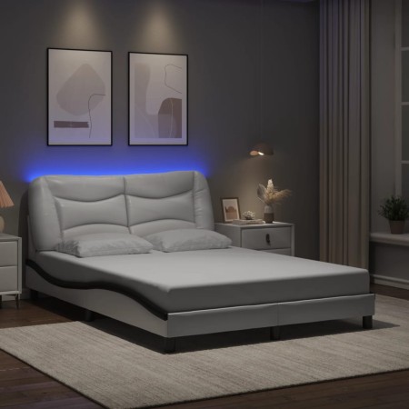 Estructura cama con LED cuero sintético blanco negro 120x200 cm