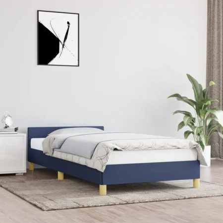 Bed frame with blue fabric headboard 90x190 cm by vidaXL, Beds and slatted bases - Ref: Foro24-347381, Price: 104,02 €, Disco...