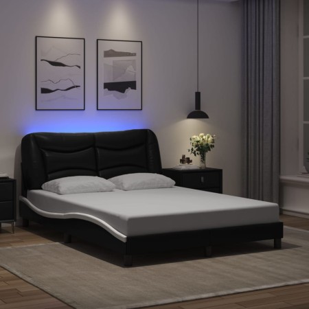 Estructura de cama luces LED cuero PE negro y blanco 140x190 cm