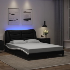 Estructura cama con LED cuero sintético negro blanco 140x200 cm Estructura cama con LED cuero sintético negro blanco 140x200 cm