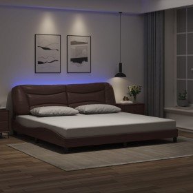 Estructura cama con luces LED cuero sintético marrón 200x200 cm Estructura cama con luces LED cuero sintético marrón 200x200 cm