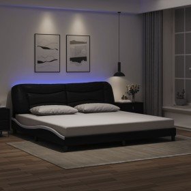 Estructura cama con LED cuero sintético negro blanco 200x200 cm Estructura cama con LED cuero sintético negro blanco 200x200 cm