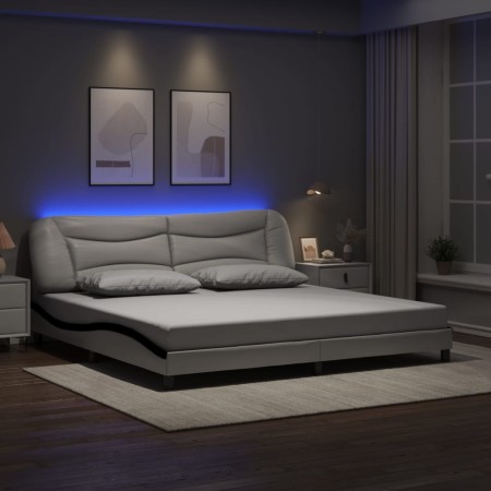 Estructura cama con LED cuero sintético blanco negro 200x200 cm