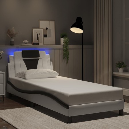 Estructura cama con LED cuero sintético blanco negro 80x200 cm