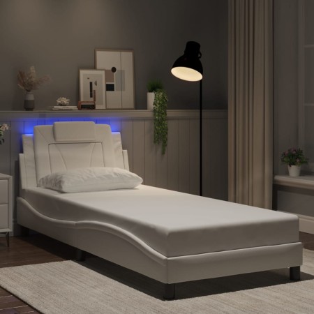 Estructura cama con luces LED cuero sintético blanco 90x190 cm