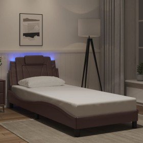 Estructura cama con luces LED cuero sintético marrón 90x190 cm Estructura cama con luces LED cuero sintético marrón 90x190 cm
