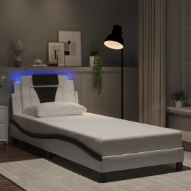 Estructura cama con LED cuero sintético blanco y negro 90x190cm