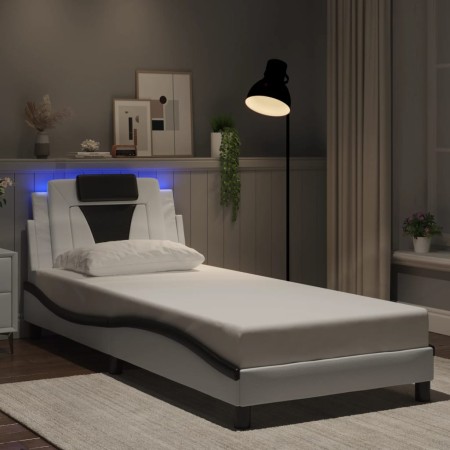 Estructura cama con LED cuero sintético blanco y negro 90x190cm