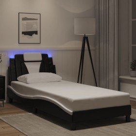 Estructura cama con LED cuero sintético negro blanco 90x200 cm Estructura cama con LED cuero sintético negro blanco 90x200 cm