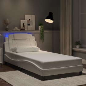 Estructura cama con luces LED cuero sintético blanco 100x200 cm