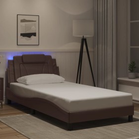 Estructura cama con luces LED cuero sintético marrón 100x200 cm