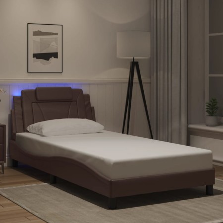 Estructura cama con luces LED cuero sintético marrón 100x200 cm