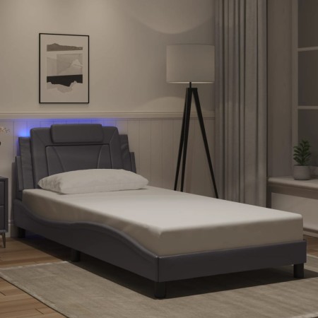 Estructura cama con luces LED cuero sintético gris 100x200 cm