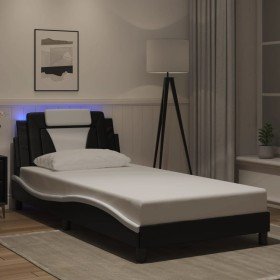 Estructura cama con LED cuero sintético negro blanco 100x200 cm Estructura cama con LED cuero sintético negro blanco 100x200 cm