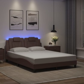 Estructura cama con luces LED cuero sintético marrón 140x190 cm
