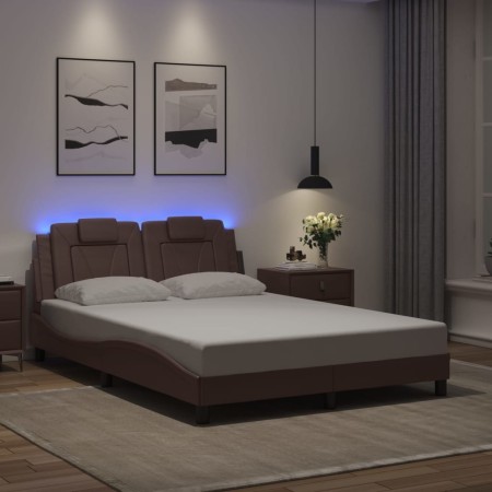 Estructura cama con luces LED cuero sintético marrón 140x190 cm