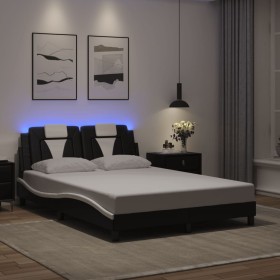 Estructura de cama luces LED cuero PE negro y blanco 140x190 cm