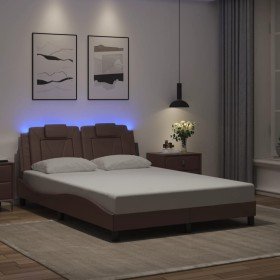 Estructura cama con luces LED cuero sintético marrón 140x200 cm en Camas y somieres | Comprar online en Foro24
