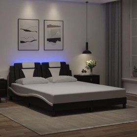 Estructura cama con luces LED cuero PE negro blanco 160x200 cm