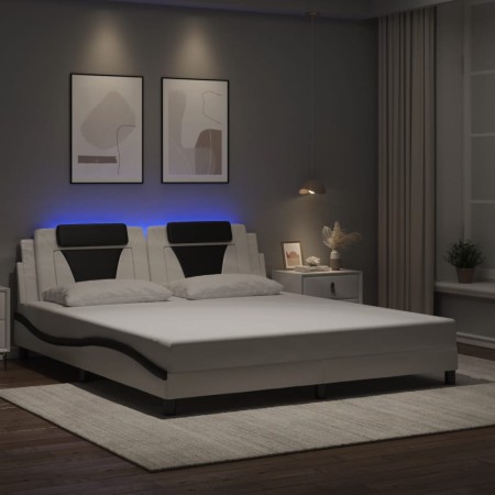 Estructura cama con luces LED cuero PE blanco negro 180x200 cm