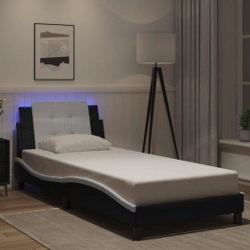Estructura cama con LED cuero sintético negro blanco 80x200 cm Estructura cama con LED cuero sintético negro blanco 80x200 cm