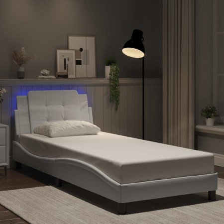 Estructura cama con luces LED cuero sintético blanco 90x190 cm
