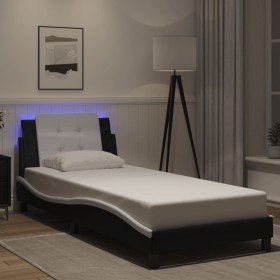 Estructura cama con LED cuero sintético negro y blanco 90x190cm