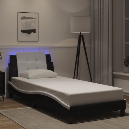 Estructura cama con LED cuero sintético negro y blanco 90x190cm