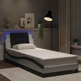 Estructura cama con LED cuero sintético blanco y negro 90x190cm