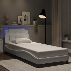 Estructura cama con luces LED cuero sintético blanco 90x200 cm Estructura cama con luces LED cuero sintético blanco 90x200 cm