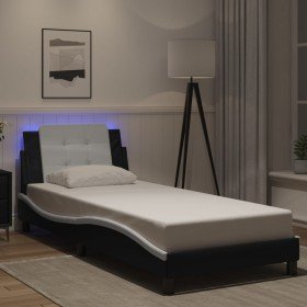 Estructura cama con LED cuero sintético negro blanco 100x200 cm Estructura cama con LED cuero sintético negro blanco 100x200 cm