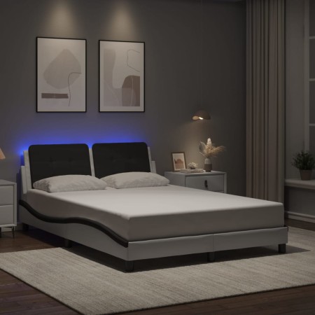 Estructura cama con LED cuero sintético blanco negro 140x200 cm