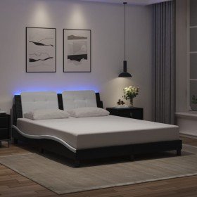 Estructura de cama con luz LED cuero PE negro blanco 160x200 cm Estructura de cama con luz LED cuero PE negro blanco 160x200 cm
